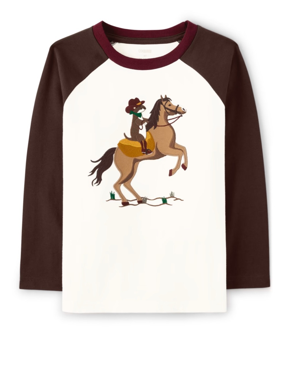Gymboree White & Brown Squirrel Cowboy Horse Long Sleeve Tee with Maroon Trim 3T